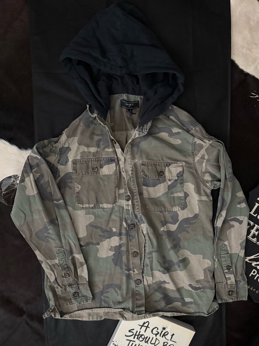 Camo Button-Up Jacket with Black Hood
